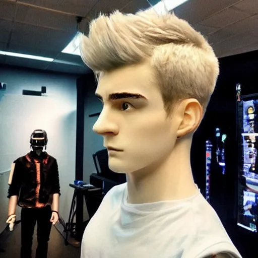 Image similar to “a realistic detailed photo of a guy who is an attractive humanoid who is half robot and half humanoid, who is a male android, twitch streamer Ninja Tyler Blevins, shiny skin, posing like a statue, blank stare, gaming room”