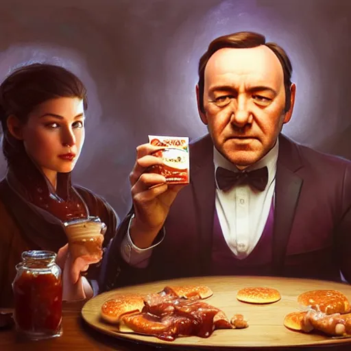 Image similar to Kevin Spacey eating big macs, dripping BBQ Sauce, serving happy meals, D&D, spilling ketchup, fantasy, intricate, elegant, highly detailed, digital painting, artstation, concept art, matte, sharp focus, illustration, hearthstone, art by Artgerm and Greg Rutkowski and Alphonse Mucha