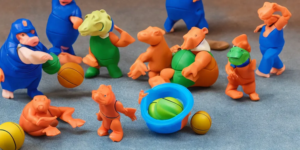 Image similar to plastic action figure hippos playing basketball