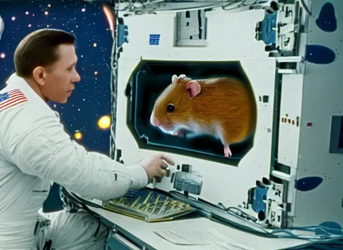 Image similar to film still of a hamster working for mission control at nasa, 8 k