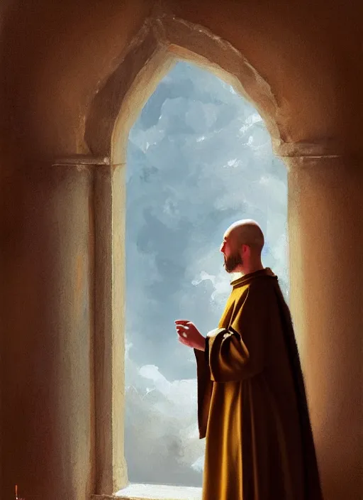 Prompt: oil painting of a medieval dominican monk in robes, looking out a window contemplatively, digital art, artstation, cinematic, golden hour, digital art painting by greg rutkowski