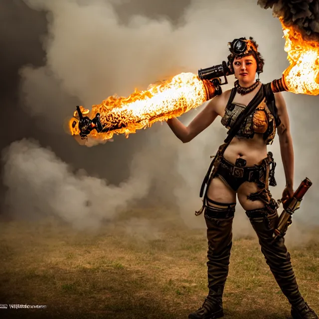 Prompt: full length photo of a beautiful dieselpunk warrior with a flamethrower, 8 k, hdr, smooth, sharp focus, high resolution, award - winning photo