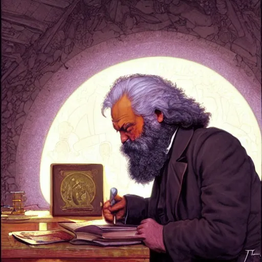 Image similar to Karl Marx pondering his orb, highly detailed, digital painting, artstation, concept art, smooth, sharp focus, illustration, art by todd lockwood and magalie villeneuve and alan lee and artgerm and greg rutkowski and alphonse mucha