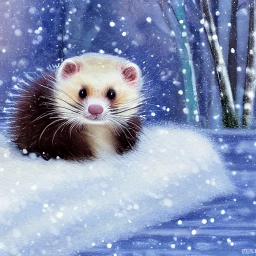 Image similar to cute fluffy ferret sitting in snowy winter landscape detailed painting 4 k