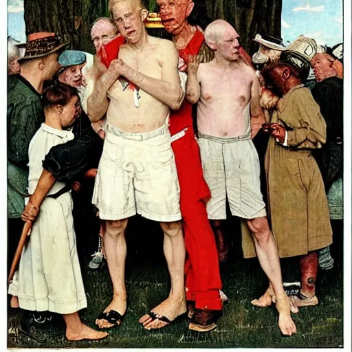 Image similar to White tribesmen. A Norman Rockwell painting.