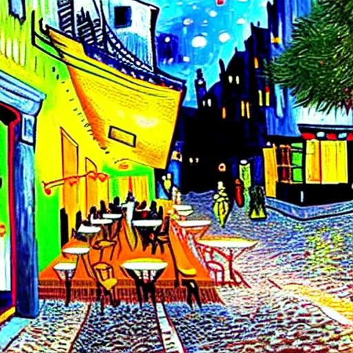 Image similar to Cyberpunk Cafe Terrace at night by Vincent Van Gogh in real life