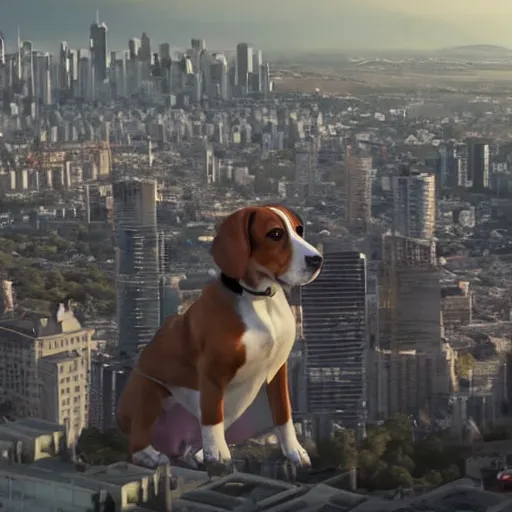 Prompt: gigantic 1 0 0 metres beagle walking over a city, epic cinematic, 4 k, very high detail, epic scale