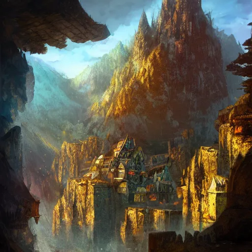 Image similar to beautiful fantasy landscape showing dwarven mining village in the mountains, by marc simonetti, anthony avon, nick gindraux, mark li, high quality, trending on artstation