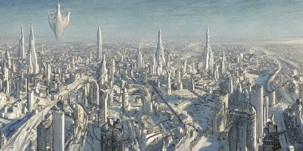 Image similar to a sprawling white fantastical city on the edge of a black hole, painted by francois schuiten and moebius and vilhelm hammershøi