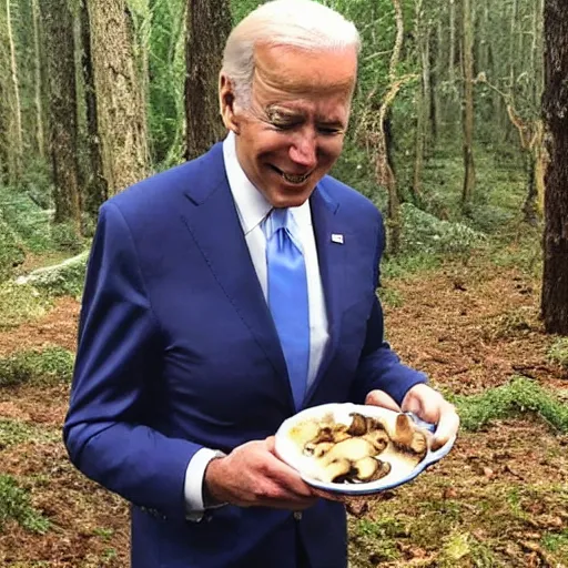 Image similar to joe biden eating mushrooms in the forest
