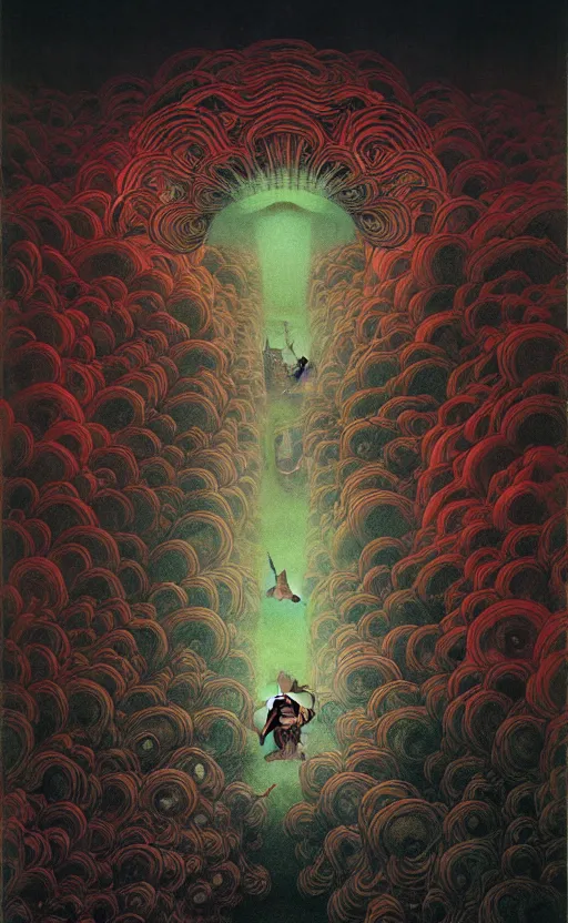 Image similar to zhongyuan festival, chinese ghost festival, king of hell, inside page of comic book, psychedelic lights and fog, in the style of zdzislaw beksinski, ayami kojima, takato yamamoto, barclay shaw, karol bak, glowing light and shadow, hyperrealist