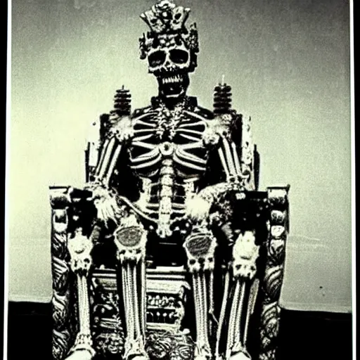 Image similar to grainy 1800s photo of the high cybernetic warrior crown prince overlord in triumph on his throne. his throne is made of human bones