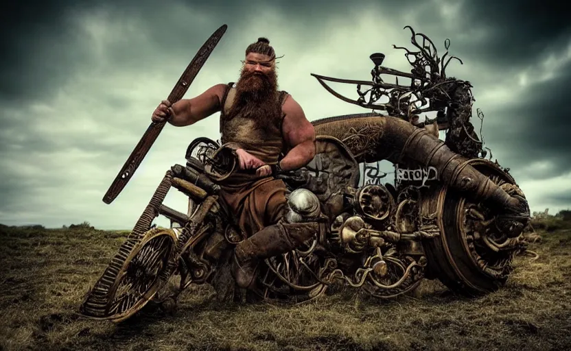 Image similar to old vintage full body photo of ancient viking warrior with full beard riding on the complex steam punk engine with one wheel, extreme sports photography ,super high speed photography, dynamic photography,symmetrical face, clean face, muscular body, high speed,dirt and grawel in air, lens flares, dust partiles in the air, dramatic lighting, intricate, highly detailed, centered, smooth, sharp focus, sports photography, old photo, black and white, sepia, cinematic lighting, cinematic angle, national geographic