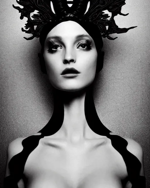 Prompt: a black and white high quality dreamy photo of a young beautiful female queen-dragon-vegetal-flower-cyborg bust with a very long neck, elegant, highly detailed, poetic, soft, dreamy, mysterious, high fashion, rim light, in the style of Ellen von Unwerth, Realistic, Refined, Digital Art, Highly Detailed, Cinematic Lighting, rim light, black and white, photo-realistic, 8K