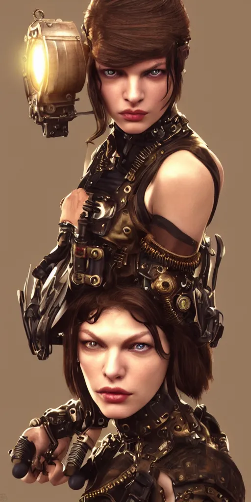 Prompt: Young Milla Jovovich as a steampunk warrior, grungy, glowing eyes, , 3D, radiant skin, perfect face, intricate, Octane Render, Trending on Artstation