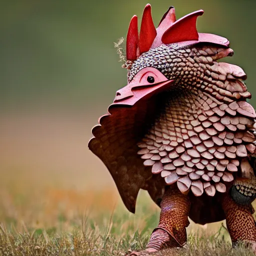 Prompt: a Rooster with the armor of a pangolin, national geographic photograph