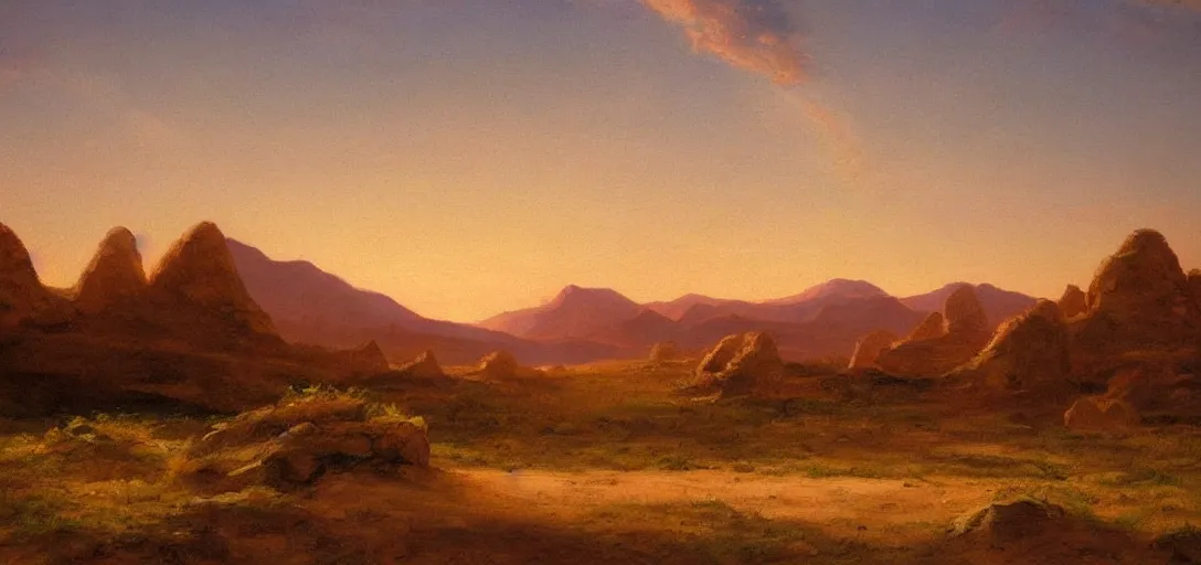 Prompt: beacons of soft light drifting above a desert, classical landscape painting, oil paints, highly detailed, late evening with pink light on the horizon