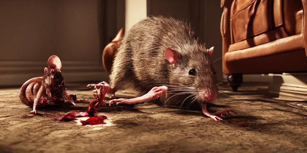 Image similar to a highly detailed photographic render of a human size rat eating a corpse in a living room, scary, gore, blood, rat man, horror sci-fi, horror science fiction, biology, horror, cinematic, cinematic horror, cinematic lighting, cinematic scene, cinematic render, film, horror film, beautifully lit, ray traced, octane 3D render, octane render, unreal engine