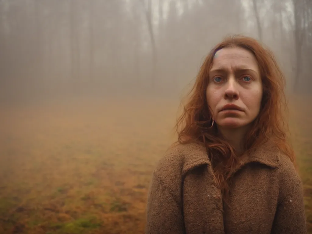 Image similar to close up portrait bust of woman, next to wood fence, tired expression, faded color film, russian cinema, tarkovsky, technicolor, heavy forest, wood cabin in distance, shallow depth of field, long brown hair, old clothing, heavy fog, atmospheric haze, brown color palette, sunset, low light, hudson river school, 4 k, dramatic lighting