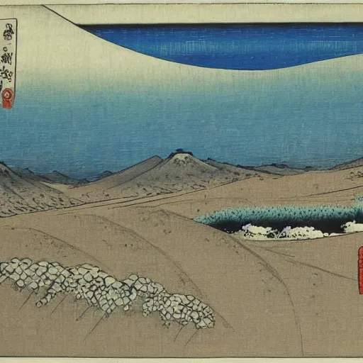 Prompt: hiroshige style, environment, post apocalypse, landscape, wasteland, desert