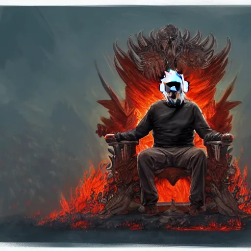 Image similar to Joe Biden sitting on a throne of skulls surrounded by fire, digital painting, highly detailed, trending on Artstation