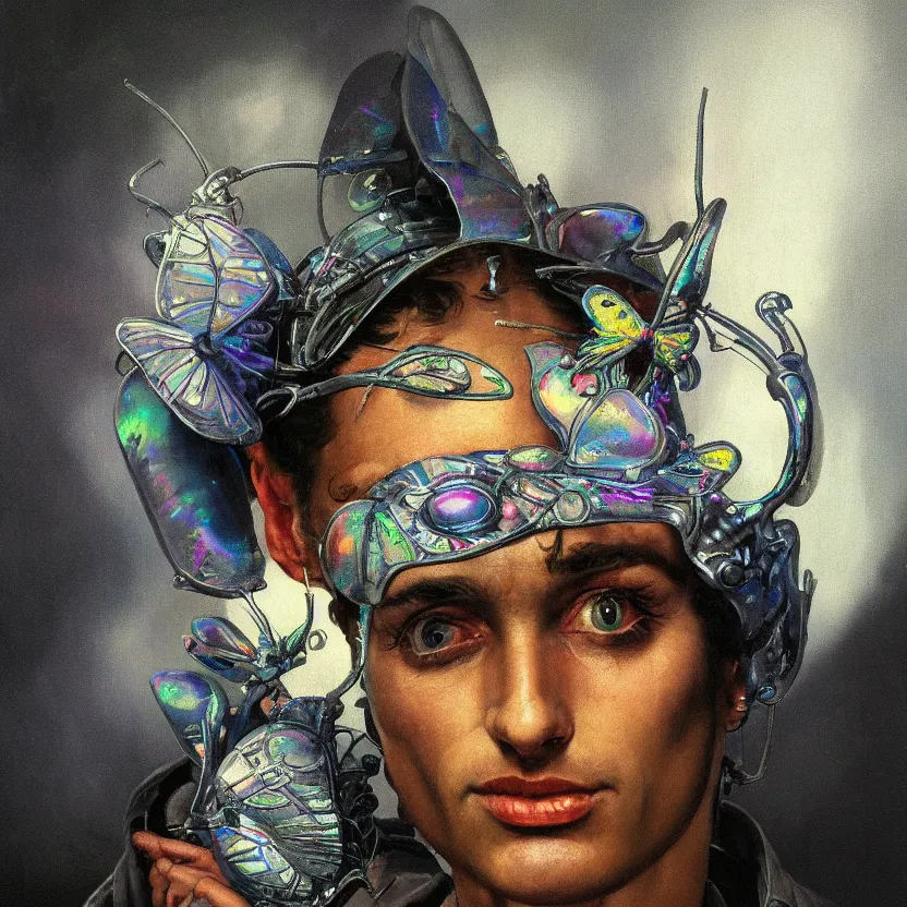 Prompt: a neoclassicist close - up portrait of a an otherworldy person with surrealist butterfly headwear. iridescent reflective alien textures. foggy forest black background. highly detailed science fiction painting by norman rockwell, frank frazetta, syd mead and moebius. rich colors, high contrast, gloomy atmosphere, dark background. trending on artstation.
