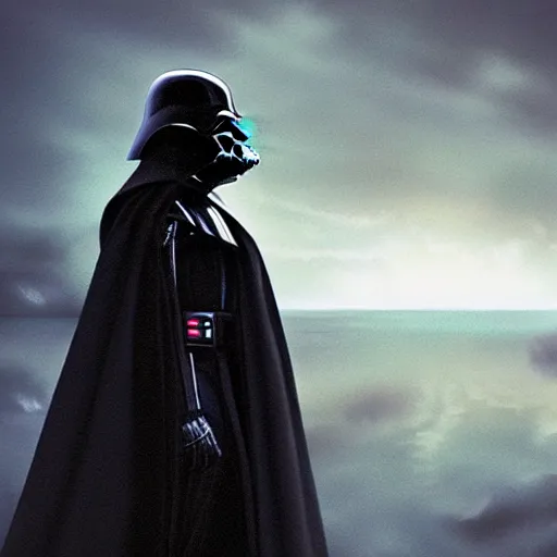 Image similar to sad darth vader looking out to the horizon, artstation hall of fame gallery, editors choice, # 1 digital painting of all time, most beautiful image ever created, emotionally evocative, greatest art ever made, lifetime achievement magnum opus masterpiece, the most amazing breathtaking image with the deepest message ever painted, a thing of beauty beyond imagination or words