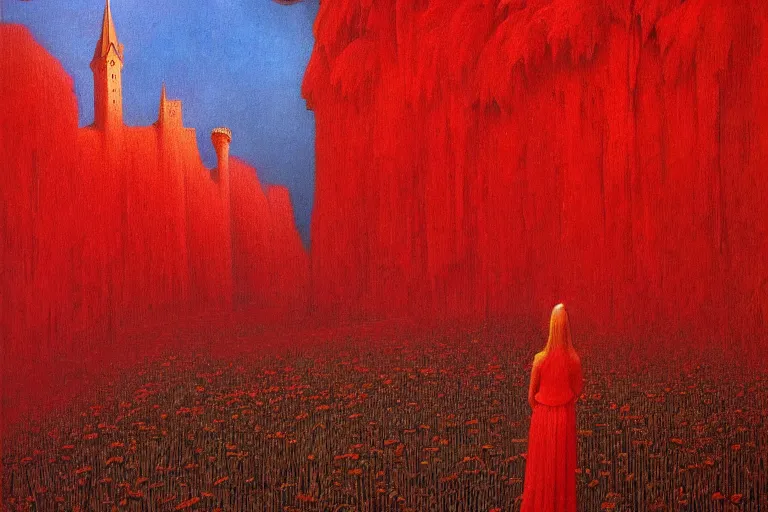 Image similar to only with red, red mushrooms of different types, a red tiger, a castle in the background, medieval demons dance over the flowers, an ancient path, in the style of beksinski, part by hopper, part by rodcenko, part by hofbauer, intricate composition, red by caravaggio, insanely quality, highly detailed, masterpiece, red light, artstation