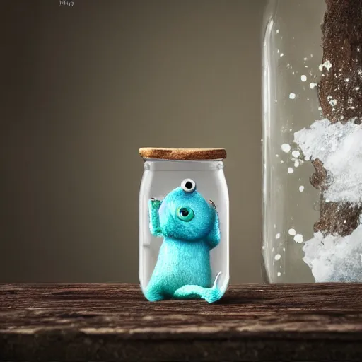 Image similar to cute monster in a jar by Greg Rutkowski, product photography, centered, studio lightning