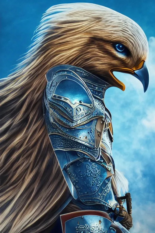 Prompt: realistic detailed photo of ladyhawke, soaring through the sky, blue eyes, woven armour with , intricate complexity, Behance, golden ratio, fibanci background, vray, rich deep colors