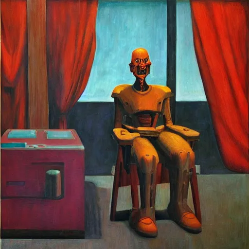 Prompt: weary cyborg king on a throne, dystopian, pj crook, edward hopper, oil on canvas