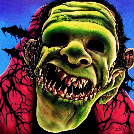 Image similar to gilbert gottfried as frankenstein monster scary horror painting metal album cover