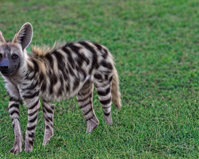 Image similar to striped hyena laying in between the green in savannah, sunset, far - shot