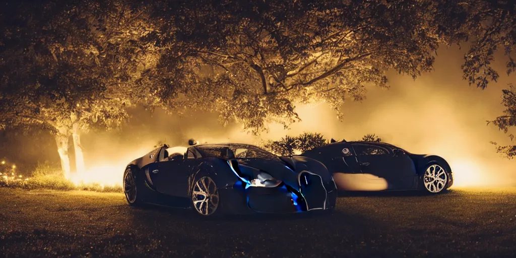 Image similar to bugatti veyron, warm lighting, fog, fairy lights, backyard at late night, tumblr aesthetic