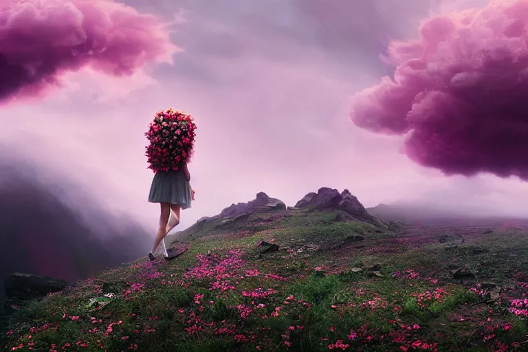 Image similar to giant dahlia flower crown as head girl walking on mountain, surreal photography, pink storm clouds, dramatic light, impressionist painting, digital painting, artstation, simon stalenhag