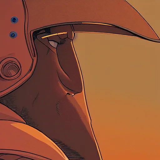 Image similar to close up side profile of a hooded man looking across a desert with a bulky high tech cyberpunk visor illustration by moebius