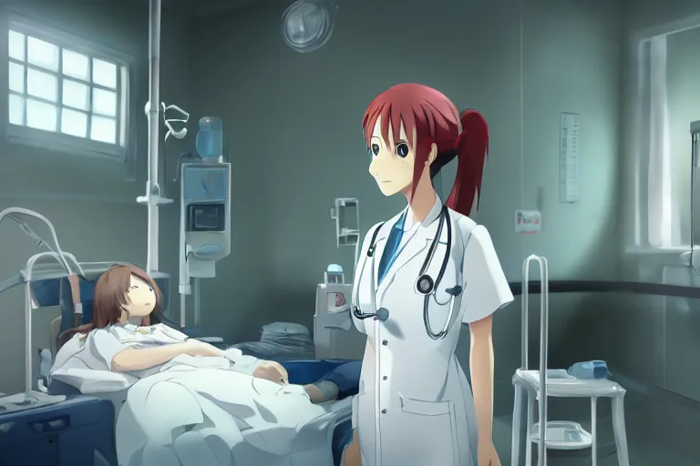 Image similar to a cute young female doctor wearing white coat are doing an operation in a hospital, slice of life anime, cinematic, lighting, 8kHDR, anime scenery by Makoto shinkai