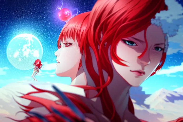 Image similar to red dressed summoner girl fighting against outer gods with their creatures. floating planets on the background, box office hit, fantasy and cosmic horror movie, unreal engine, intricate, highly detailed 8 k, ambient occlusion, extremely beautiful and aesthetic shape of face and body, art by hiroaki samura and ilya kuvshinov and rossdraws