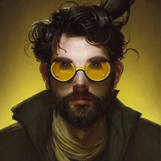 Prompt: an inventor, goggles, thin beard, messy black hair, d & d, solid yellow background, fantasy, intricate, cinematic lighting, highly detailed, digital painting, artstation, concept art, smooth, sharp focus, illustration, art by artgerm and greg rutkowski and alphonse mucha