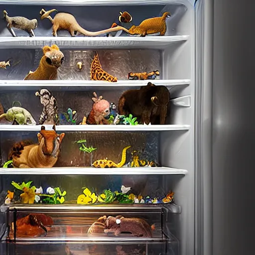 Image similar to a shelf in a refrigerator filled with miniature wild animals, hyper realistic, depth of field