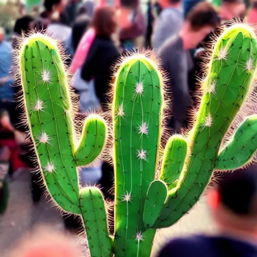 Image similar to a person made of cactus in a crowd