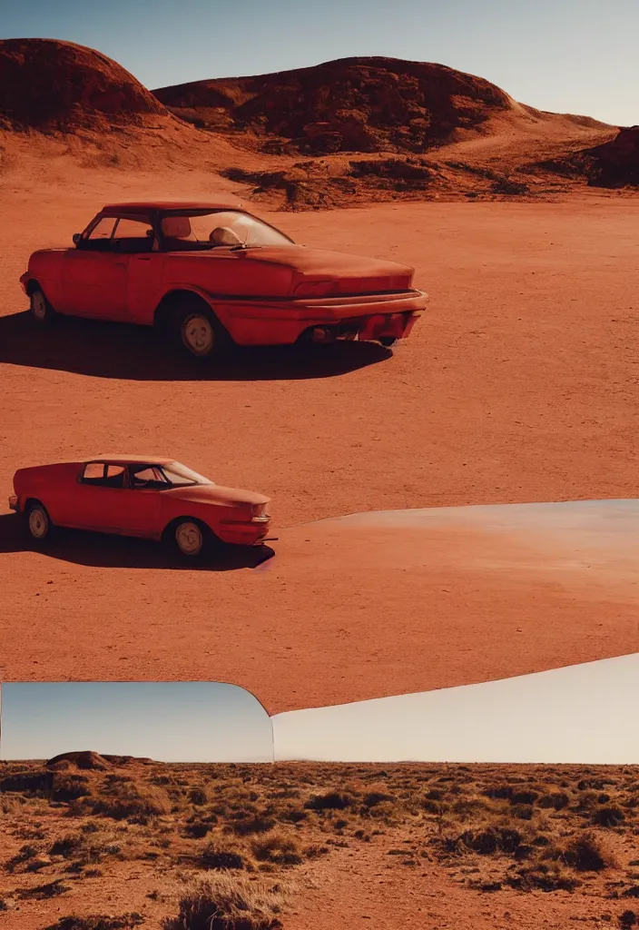 Image similar to “a red car is parked in the middle of the desert, a matte painting by Scarlett Hooft Graafland, featured on unsplash, australian tonalism, anamorphic lens flare, cinematic lighting, rendered in unreal engine”