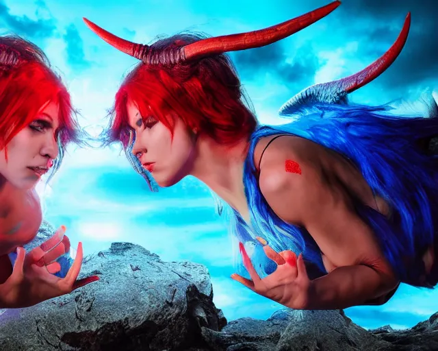 Prompt: red - male - horned - devil and blue - female - angel fighting each other in mirrored pose, dramatic lighting, 8 k, high quality, hyper realistic, 3 5 mm photography, epic action fantasy masterpiece, colorful highlights