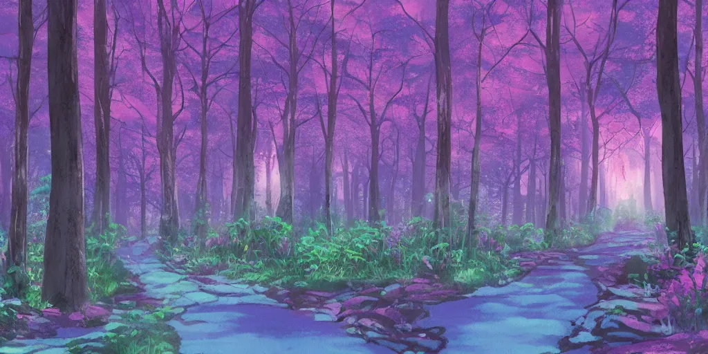 Prompt: path through a wide forest, modern contemporary, lanterns. pastel!! watercolor art, expansive cinematic view, volumetric shading, intricate and detailed, highly saturated colors. by madeon. breath of the wild style, by hayao miyazaki ghibli!!!. pink!! accents. trending on artstation. award winning