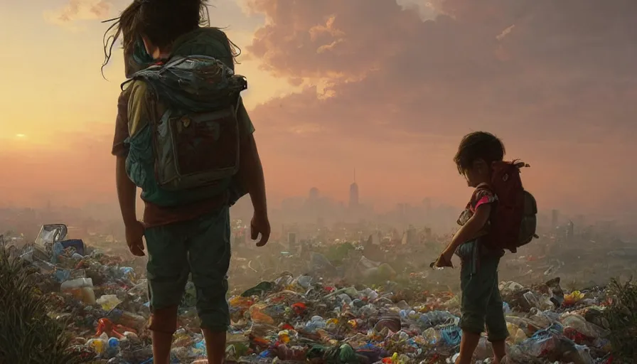 Image similar to poor detailed child with backpack looking for food at garbage dump, city is pure wasteland, sunset in background, greg rutkowski, alphonse mucha, trending on artstation, artgerm, breathtaking, sharp focus, smooth, mark arian, award winning, highly detailed 4 k art