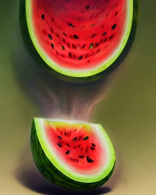 Image similar to a watermelon womb, baby in a transparent watermelon womb, gestation inside a watermelon, transparent, highly detailed, digital painting, artstation, concept art, smooth, sharp focus, illustration, art by artgerm and greg rutkowski and alphonse mucha