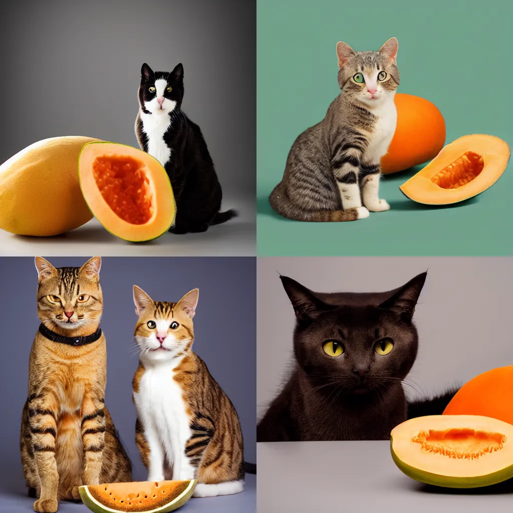 Image similar to cats posing next to cantaloupe by elke vogelsang, artstation, textured, hdr