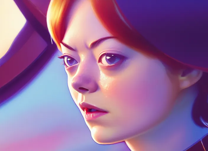 Image similar to a disney film still of emma stone as a star trek officer, finely detailed features, closeup of the face, perfect art, dusk, blue hour, gapmoe yandere grimdark, trending on pixiv fanbox, painted by greg rutkowski, makoto shinkai, takashi takeuchi, alphonse mucha, akihiko yoshida