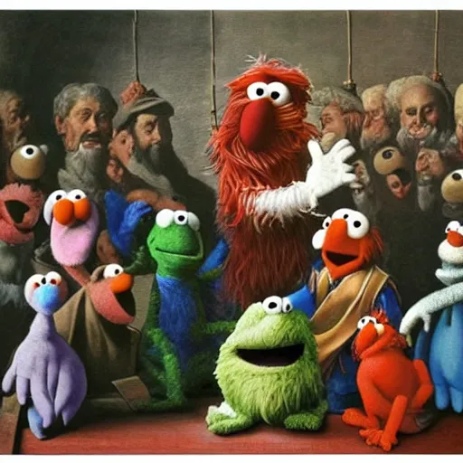 Image similar to A religous painting of Elmo from Sesame Street talking to his followers who are muppets, painted by Michelangelo.
