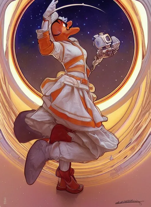 Image similar to Donald Duck as an astronaut, woman, fantasy, intricate, elegant, highly detailed, centered, digital painting, artstation, concept art, smooth, sharp focus, illustration, art by artgerm and donato giancola and alphonse mucha